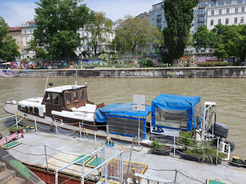 Boat to the Lobau at its landing stage on the Donaukanal