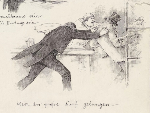 Caricature of a waiter evicting an unwanted guest